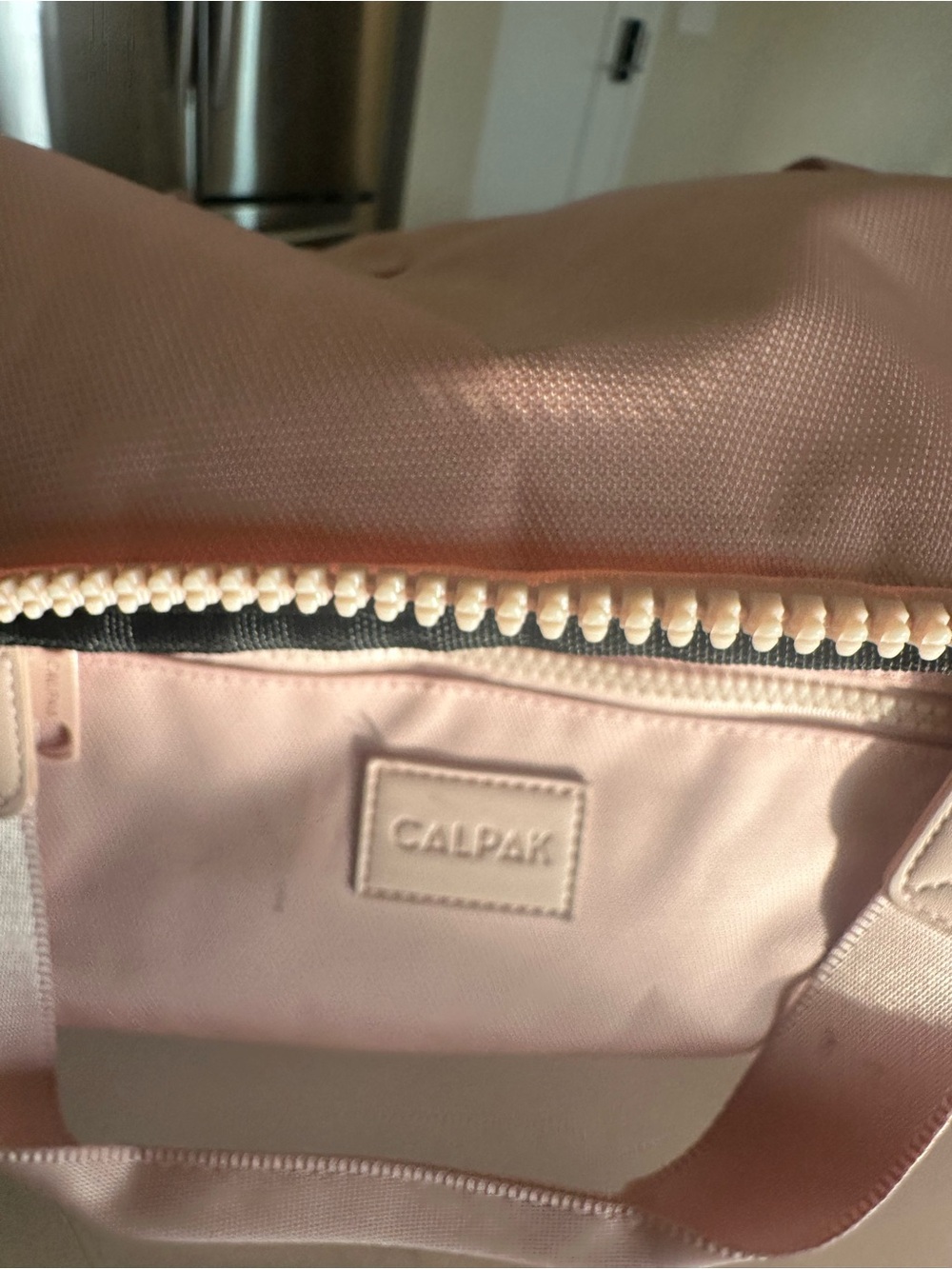 Calpak Weekender Bag Pale Pink Tote with Cream Zipper Trim